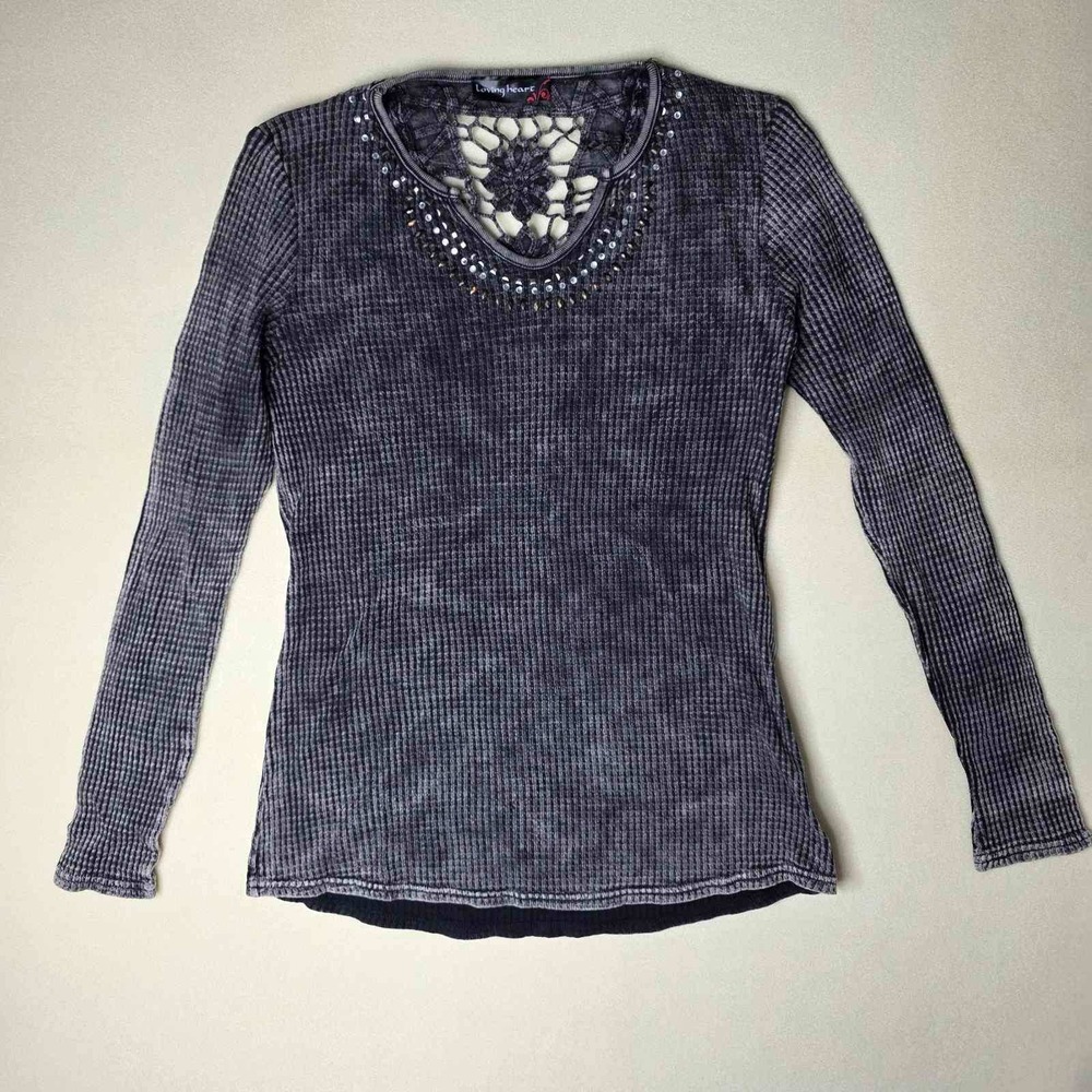 Loving Heart Gray Thermal Top Crochet Lace Back Rhinestone Studded Waffle Knit S